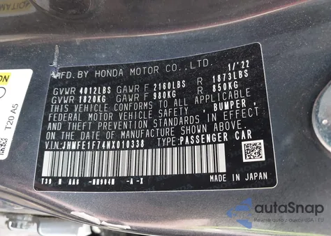 2022 Honda Civic Ex from USA, damaged, VIN JHMFE1F74NX010338